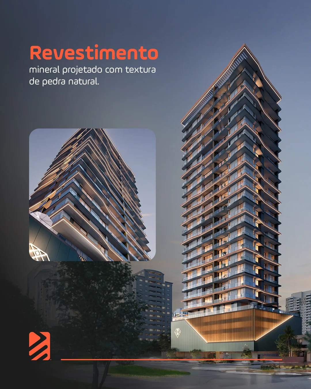 Arte sobre o revestimento mineral com textura de pedra natural, com render da torre ao anoitecer e um detalhe ampliado da fachada